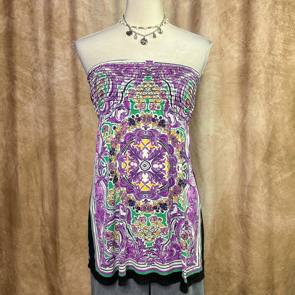 Vintage Y2K Tube Top Purple Smocked Empire Waist Strapless Paisley Boho Festival